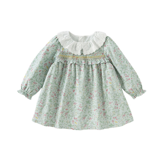 Dave&Bella Girls Autumn Cotton Green Floral Print Long Sleeve Princess Dress