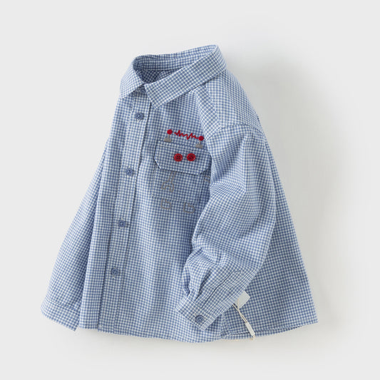 Dave&Bella Toddler Boys Autumn Blue Plaid Cotton College-style Shirts Tops