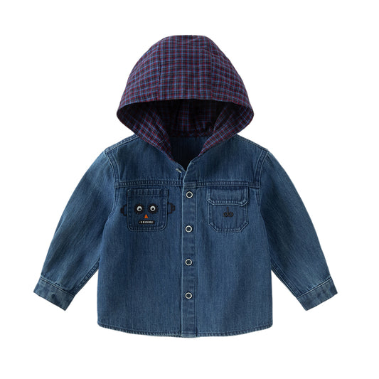 Dave&Bella Toddler Boys Autumn Denim Blue Cotton Hooded Cowboy Shirts Tops