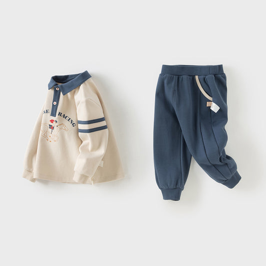 Dave&Bella Boys Autumn Beige Casual Polo Shirt Pants Two Piece Set