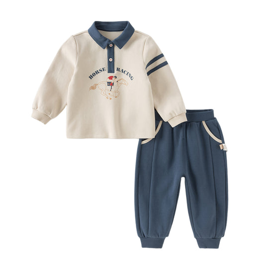 Dave&Bella Boys Autumn Beige Casual Polo Shirt Pants Two Piece Set