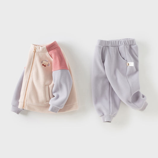 Dave&Bella Toddler Girls/Boys Apricot/Blue Fleece Coat Long Pants Outfit Sets