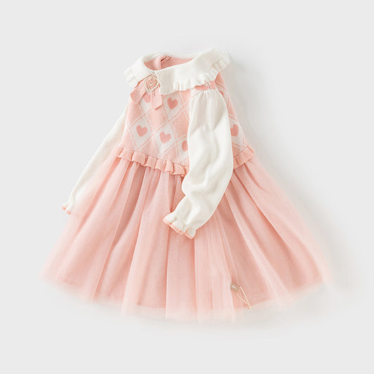 Dave&Bella Toddler Girls Autumn Peach Pink A-line Mesh Dress