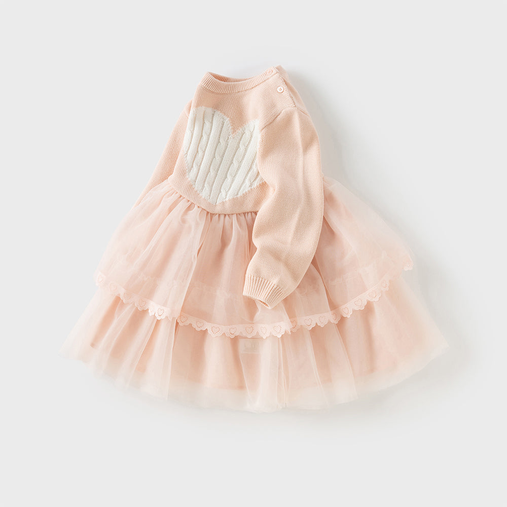 Dave&Bella Toddler Girls Charming Pink Soft Knit Sweater Birthday Mesh A-line Dress