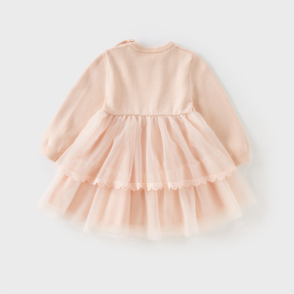 Dave&Bella Toddler Girls Charming Pink Soft Knit Sweater Birthday Mesh A-line Dress