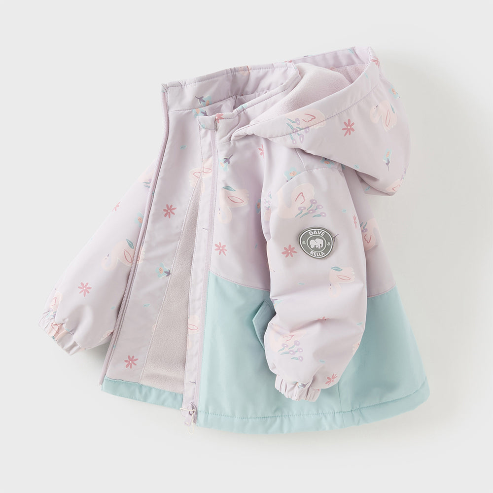 Dave&Bella Girls Toddler Swan/Pony Print Cute Outdoor Hooded Fleece Coat