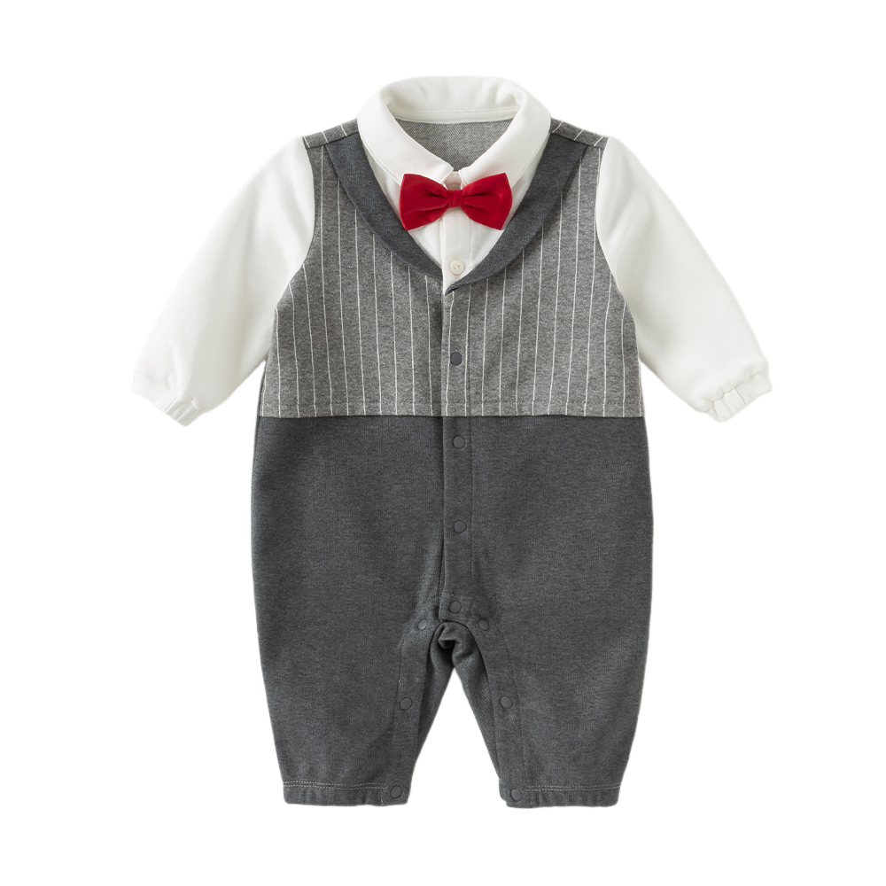 Dave&Bella Baby Boys Grey Striped Formal Bow Tie Gentleman Suit Rompers