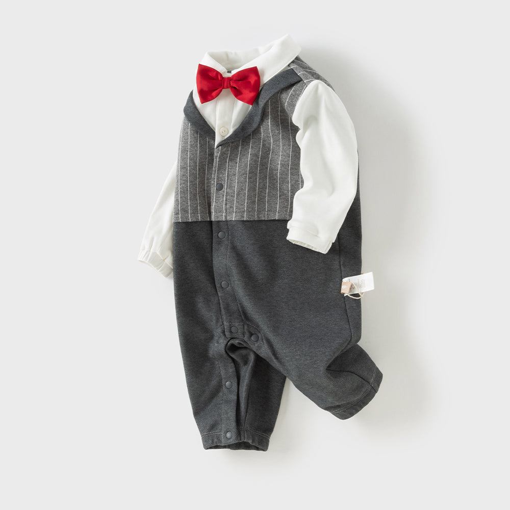 Dave&Bella Baby Boys Grey Striped Formal Bow Tie Gentleman Suit Rompers