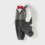 Dave&Bella Baby Boys Grey Striped Formal Bow Tie Gentleman Suit Rompers
