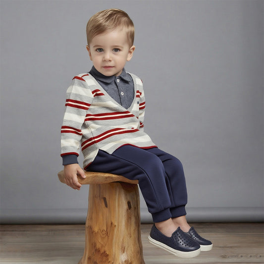 Dave&Bella Toddler Boys Playful Red White Striped Two-piece Pants Suits