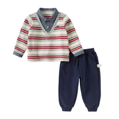 Dave&Bella Toddler Boys Playful Red White Striped Two-piece Pants Suits