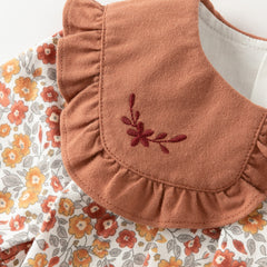 Dave&Bella Toddler Girls Sweet Brown-red Floral Doll collar Long-sleeved Cotton Outfits Sets