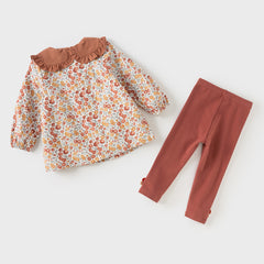 Dave&Bella Toddler Girls Sweet Brown-red Floral Doll collar Long-sleeved Cotton Outfits Sets