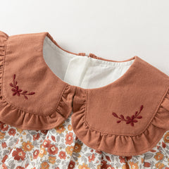 Dave&Bella Toddler Girls Sweet Brown-red Floral Doll collar Long-sleeved Cotton Outfits Sets