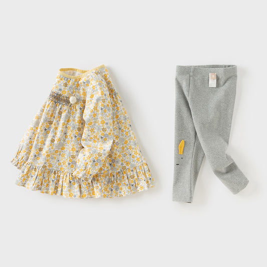 Dave&Bella Toddler Girls Winter Fashion Floral Cotton Long-sleeved Top Pants Suits