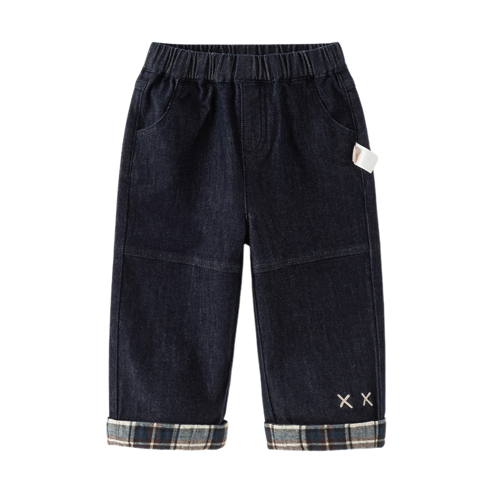 Dave&Bella Toddler Boys Denim Blue Plaid Straight Leg Versatile Jeans