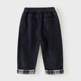 Dave&Bella Toddler Boys Denim Blue Plaid Straight Leg Versatile Jeans