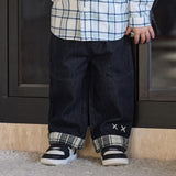 Dave&Bella Toddler Boys Denim Blue Plaid Straight Leg Versatile Jeans