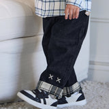 Dave&Bella Toddler Boys Denim Blue Plaid Straight Leg Versatile Jeans