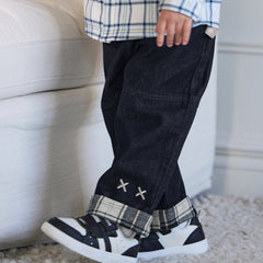Dave&Bella Toddler Boys Denim Blue Plaid Straight Leg Versatile Jeans