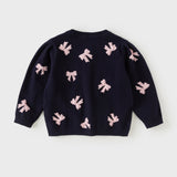 Dave&Bella Toddler Girls Navy Bow Tie Jacquard Round Collar Soft Versatile Cardigans