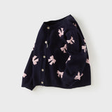 Dave&Bella Toddler Girls Navy Bow Tie Jacquard Round Collar Soft Versatile Cardigans