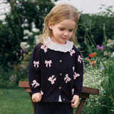 Dave&Bella Toddler Girls Navy Bow Tie Jacquard Round Collar Soft Versatile Cardigans