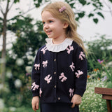 Dave&Bella Toddler Girls Navy Bow Tie Jacquard Round Collar Soft Versatile Cardigans