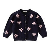Dave&Bella Toddler Girls Navy Bow Tie Jacquard Round Collar Soft Versatile Cardigans