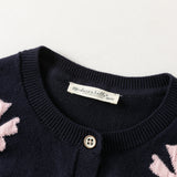 Dave&Bella Toddler Girls Navy Bow Tie Jacquard Round Collar Soft Versatile Cardigans