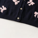 Dave&Bella Toddler Girls Navy Bow Tie Jacquard Round Collar Soft Versatile Cardigans