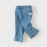 Dave&Bella Toddler Girls Denim Blue Comfortable Versatile Tiny Floral Embroidery Jeans