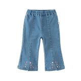 Dave&Bella Toddler Girls Denim Blue Comfortable Versatile Tiny Floral Embroidery Jeans