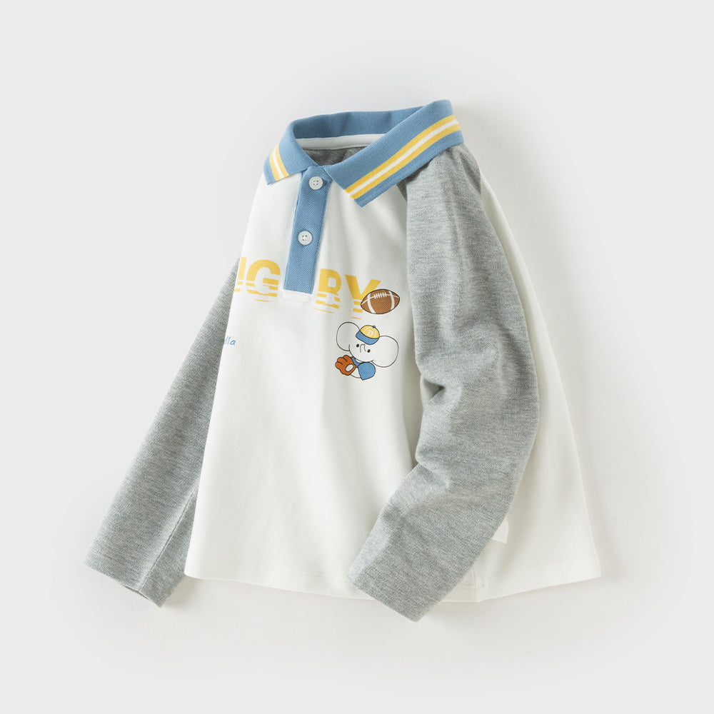 Dave&Bella Toddler Boys White Cute Print Polo Collar Casual Comfortable Polos