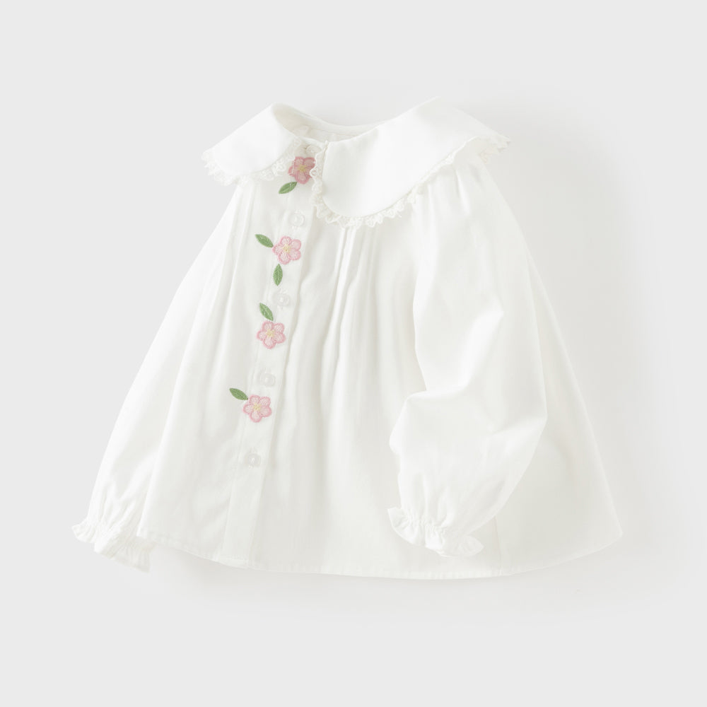 Dave&Bella Toddler Girls White Sweet Floral Embroidery Cozy Comfortable Cotton Shirts