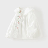 Dave&Bella Toddler Girls White Sweet Floral Embroidery Cozy Comfortable Cotton Shirts