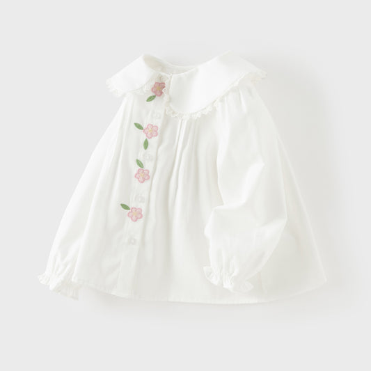 Dave&Bella Toddler Girls White Sweet Floral Embroidery Cozy Comfortable Cotton Shirts