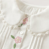 Dave&Bella Toddler Girls White Sweet Floral Embroidery Cozy Comfortable Cotton Shirts