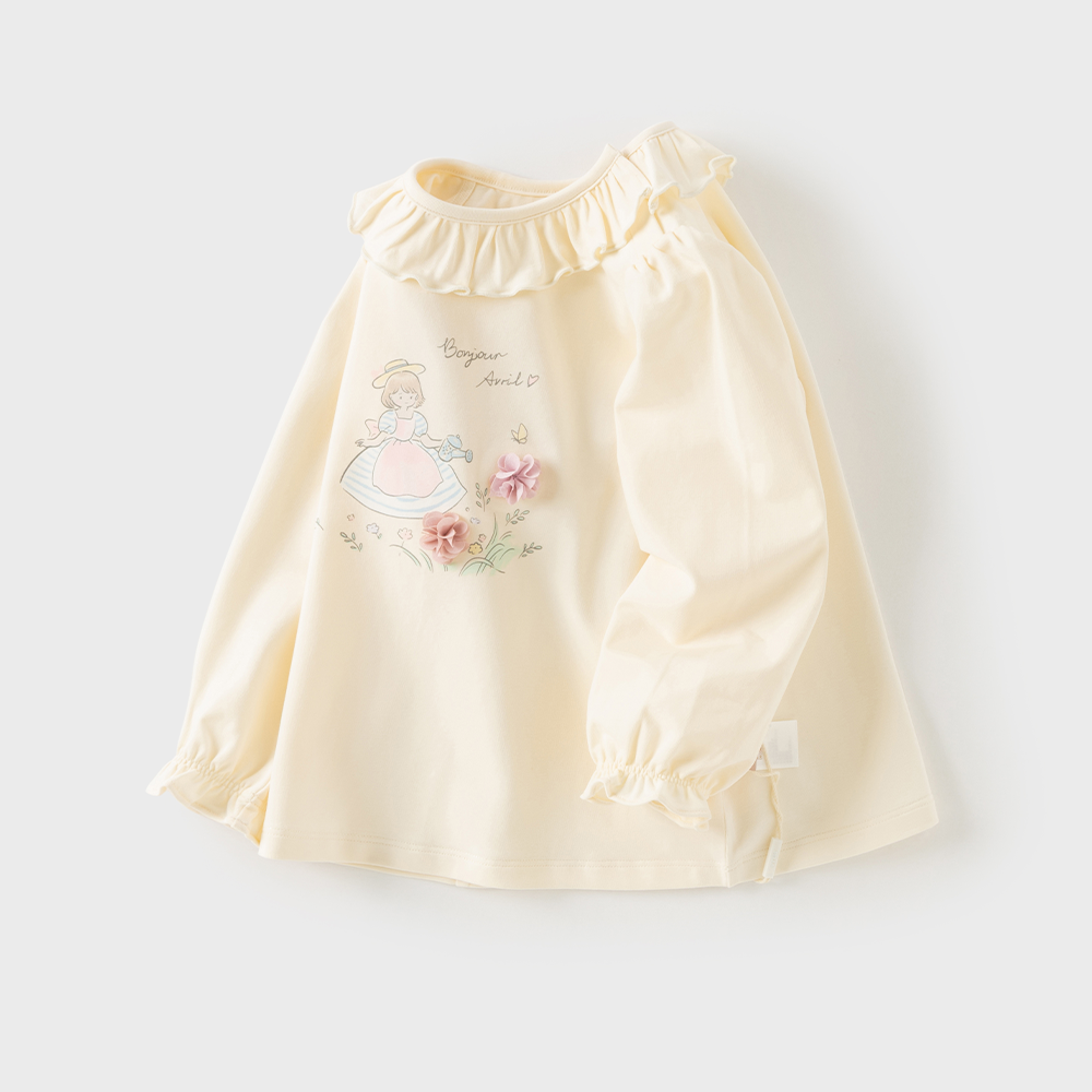 Dave&Bella Toddler Girls Beige/Purple Doll Collar Cute Print Cozy T-shirts