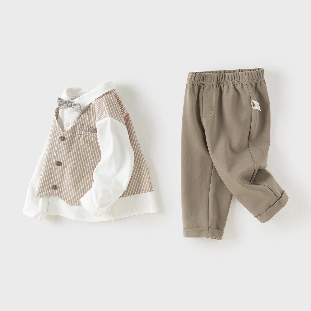 Dave&Bella Toddler Boys Coffee Striped Bow Tie T-shirt Pants Suit Sets