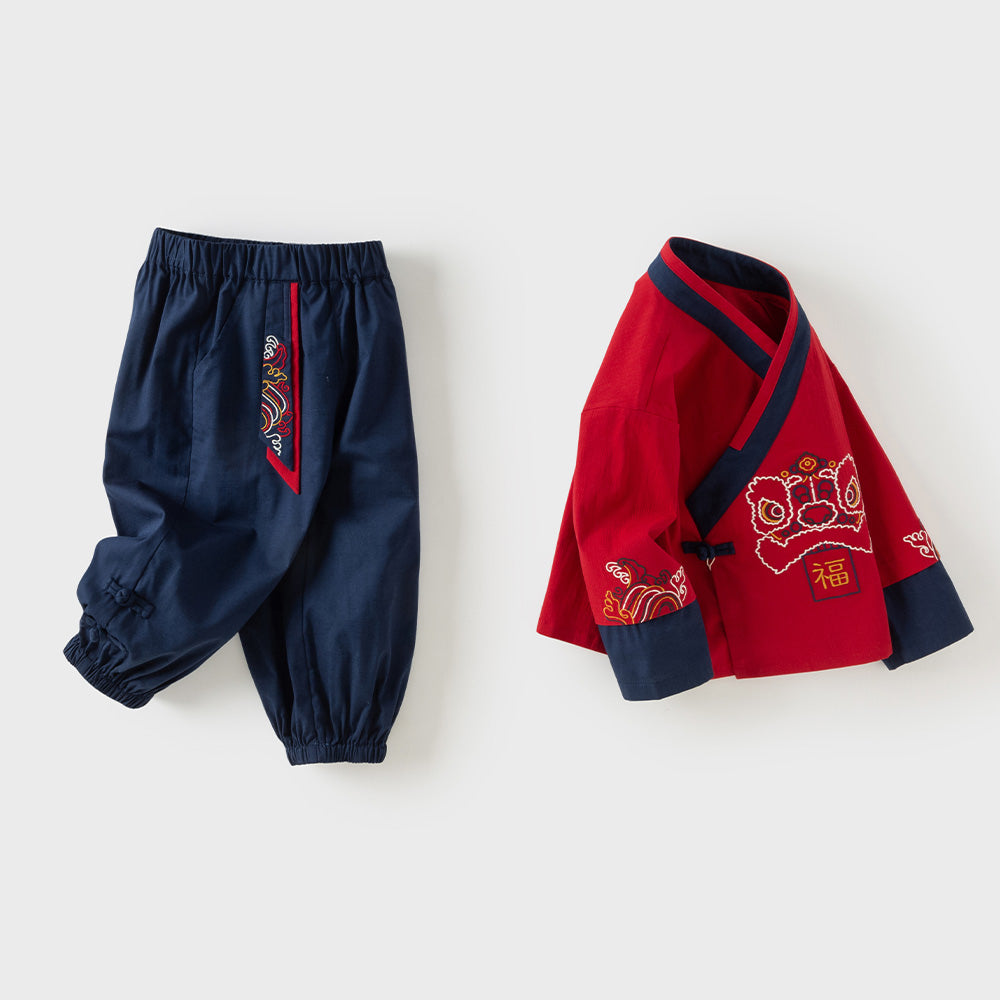 Dave&Bella Toddler Boys Red Chinese Style Print Pant Suits