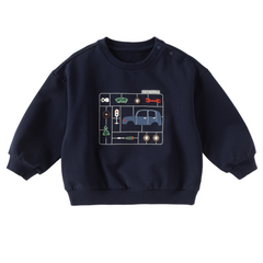 Dave&Bella Toddler Boys Navy Car Print Daily Versatile Round Collar Sweatshirts