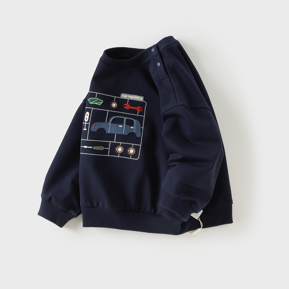 Dave&Bella Toddler Boys Navy Car Print Daily Versatile Round Collar Sweatshirts