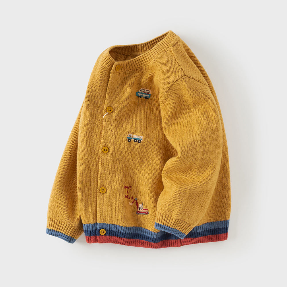 Dave&Bella Toddler Boys Yellow Cute Car Embroidery Soft Comfortable Cardigans