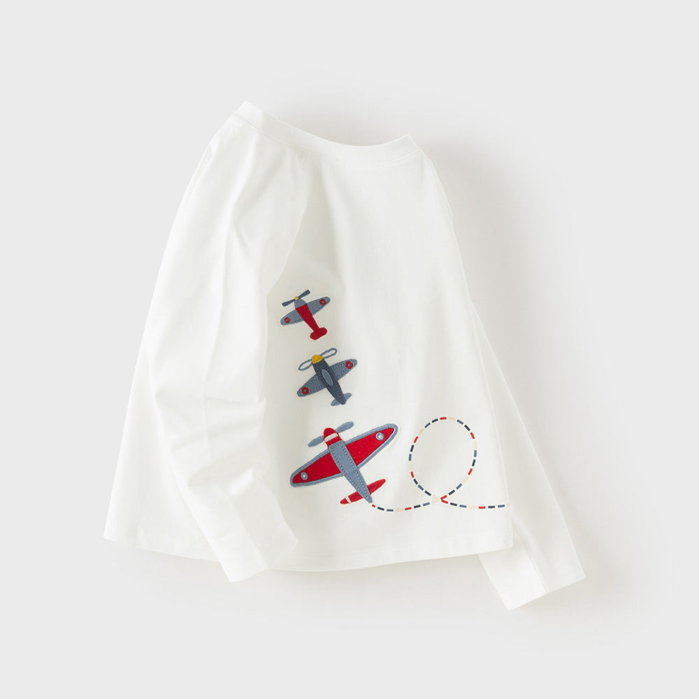 Dave&Bella Toddler Boys White Playful Airplane Embroidery Cotton Soft T-shirts