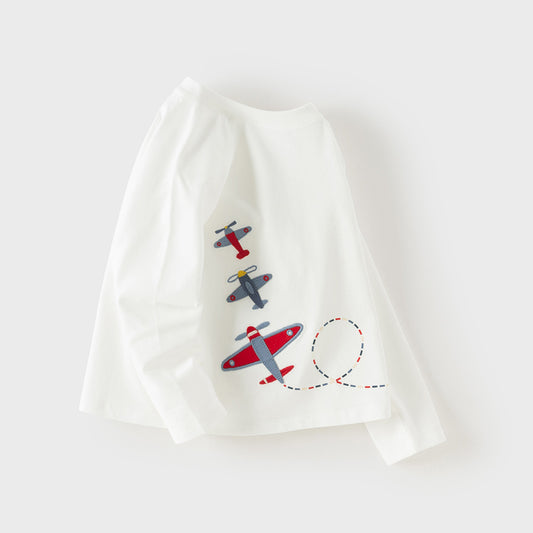 Dave&Bella Toddler Boys White Playful Airplane Embroidery Cotton Soft T-shirts