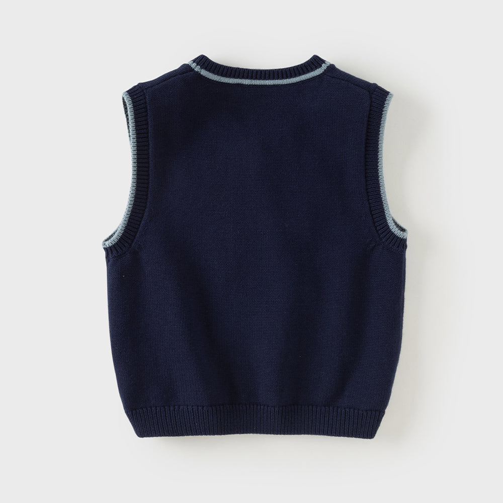 Dave&Bella Toddler Boys Dark Blue V-neck Soft Cotton Robot Jacquard Knit Vests