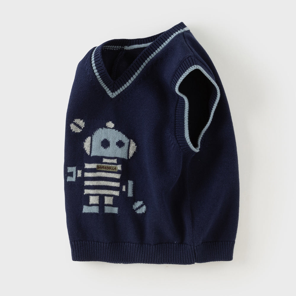 Dave&Bella Toddler Boys Dark Blue V-neck Soft Cotton Robot Jacquard Knit Vests