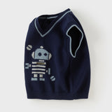 Dave&Bella Toddler Boys Dark Blue V-neck Soft Cotton Robot Jacquard Knit Vests
