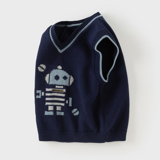Dave&Bella Toddler Boys Dark Blue V-neck Soft Cotton Robot Jacquard Knit Vests